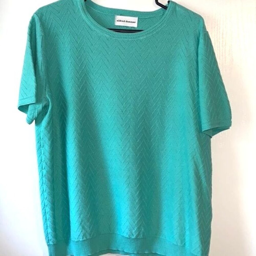 Alfred Dunner Chevron Knit Short-Sleeve Turquoise Sweater Top L Acrylic Blend Wo